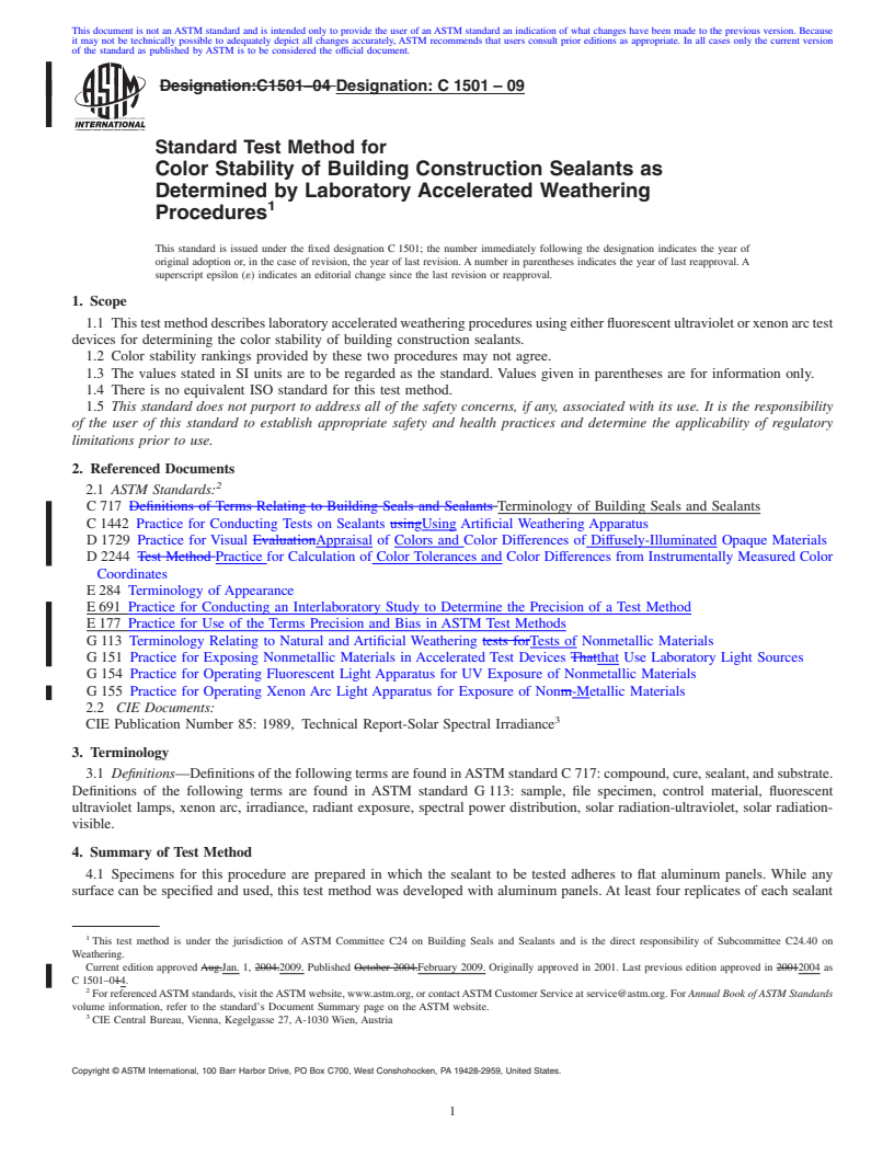 REDLINE ASTM C1501-09 - Standard Test Method for Color Stability of Building Construction Sealants as Determined by Laboratory Accelerated Weathering Procedures