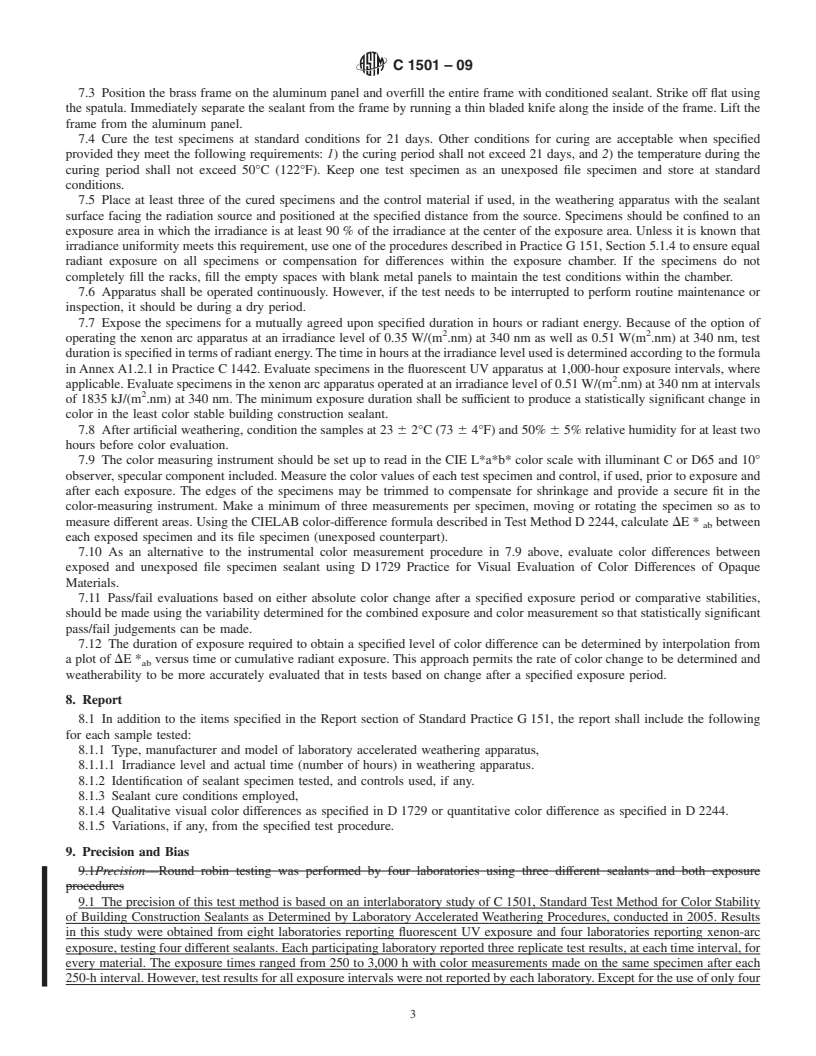 REDLINE ASTM C1501-09 - Standard Test Method for Color Stability of Building Construction Sealants as Determined by Laboratory Accelerated Weathering Procedures