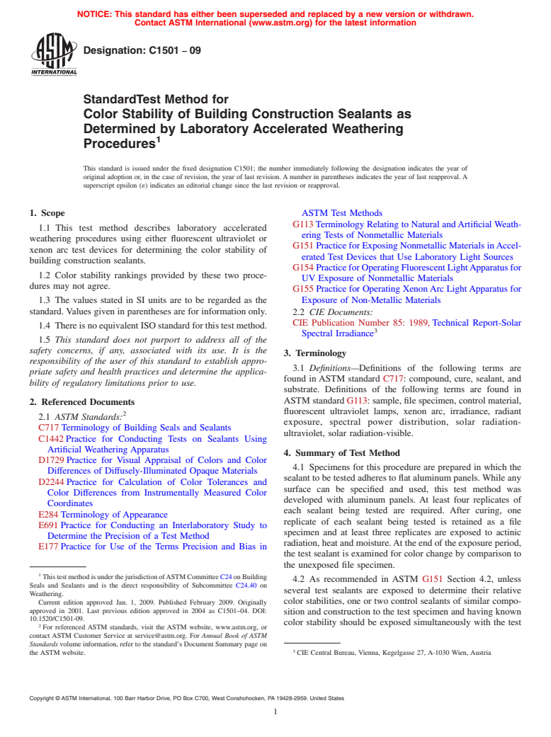 ASTM C1501-09 - Standard Test Method for Color Stability of Building Construction Sealants as Determined by Laboratory Accelerated Weathering Procedures