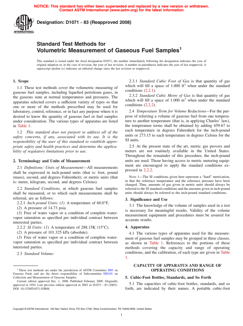 ASTM D1071-83(2008) - Standard Test Methods for Volumetric Measurement of Gaseous Fuel Samples (Withdrawn 2017)