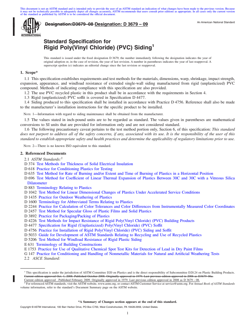 REDLINE ASTM D3679-09 - Standard Specification for  Rigid Poly(Vinyl Chloride) (PVC) Siding