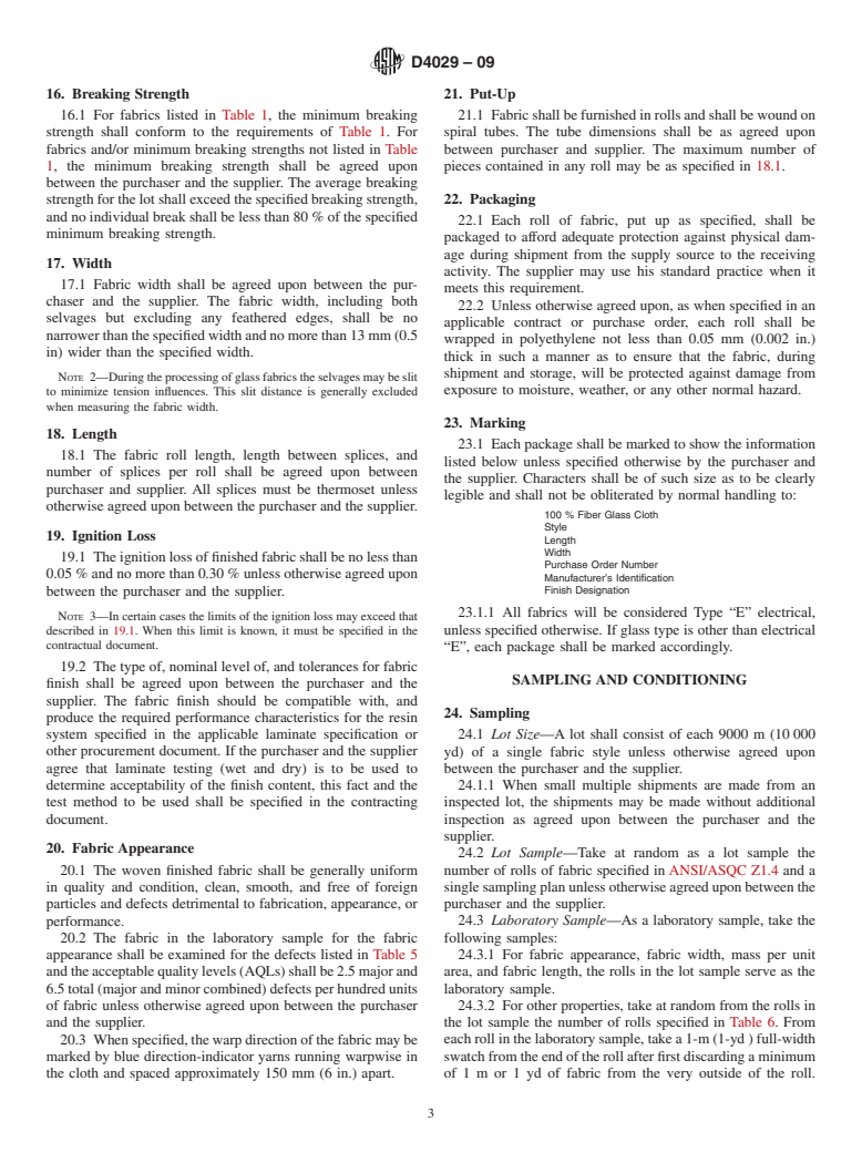 ASTM D4029-09 - Standard Specification for Finished Woven Glass Fabrics