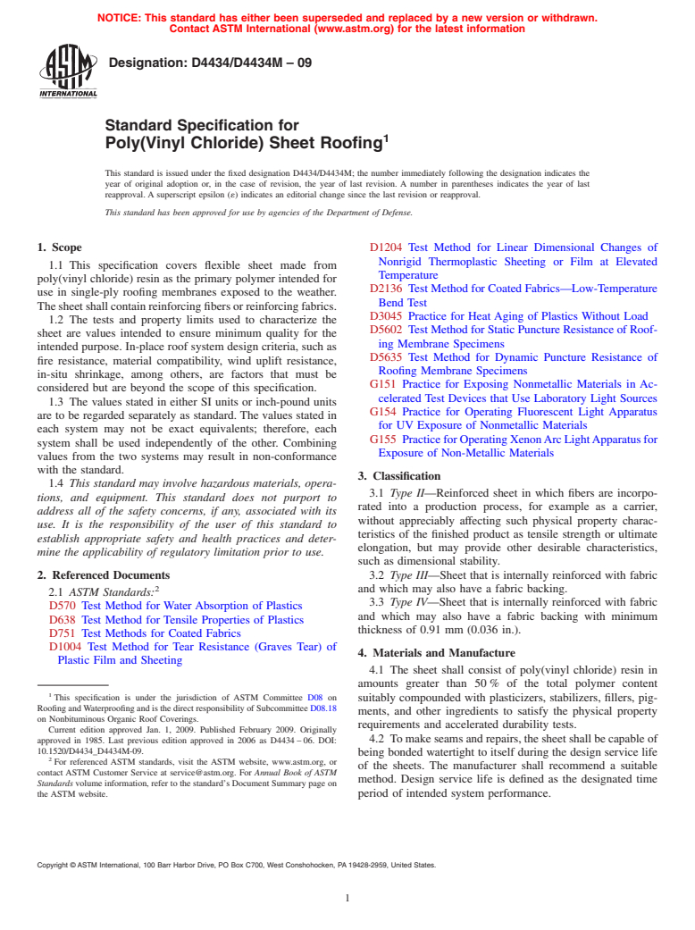 ASTM D4434/D4434M-09 - Standard Specification for Poly(Vinyl Chloride) Sheet Roofing