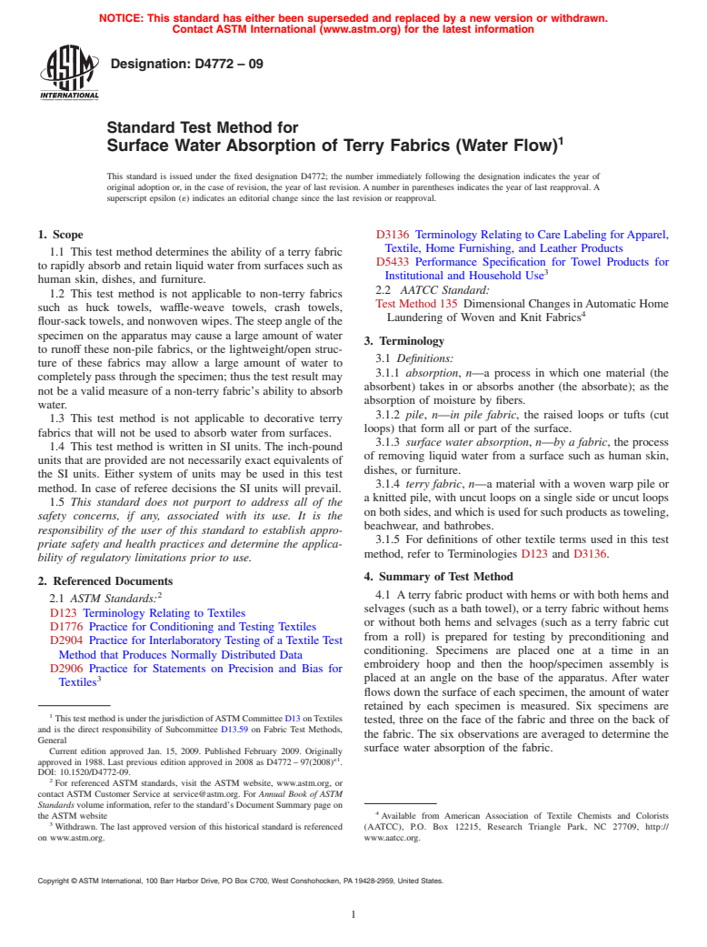ASTM D4772-09 - Standard Test Method for Surface Water Absorption of Terry Fabrics (Water Flow)