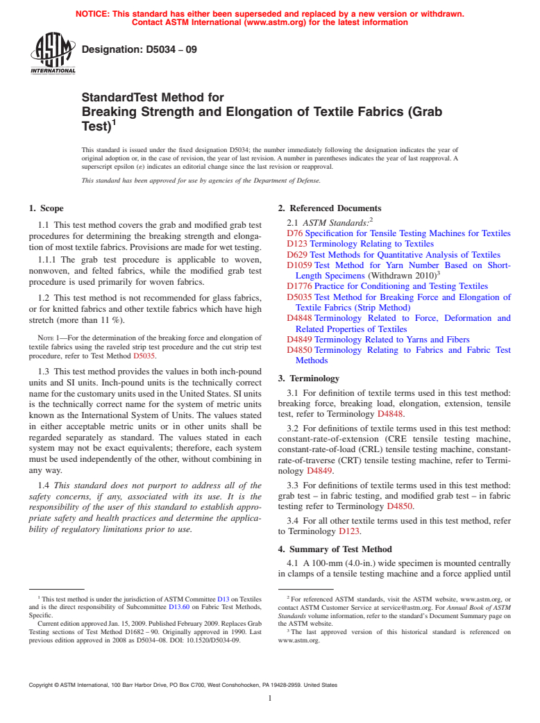 ASTM D5034-09 - Standard Test Method for Breaking Strength and Elongation of Textile Fabrics (Grab Test)