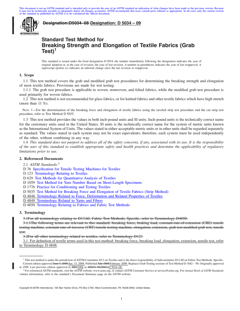 REDLINE ASTM D5034-09 - Standard Test Method for Breaking Strength and Elongation of Textile Fabrics (Grab Test)