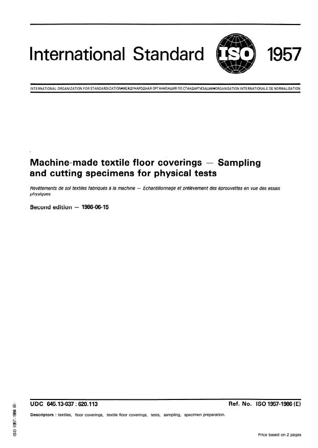 ISO 1957:1986 - Machine-made textile floor coverings -- Sampling and cutting specimens for physical tests