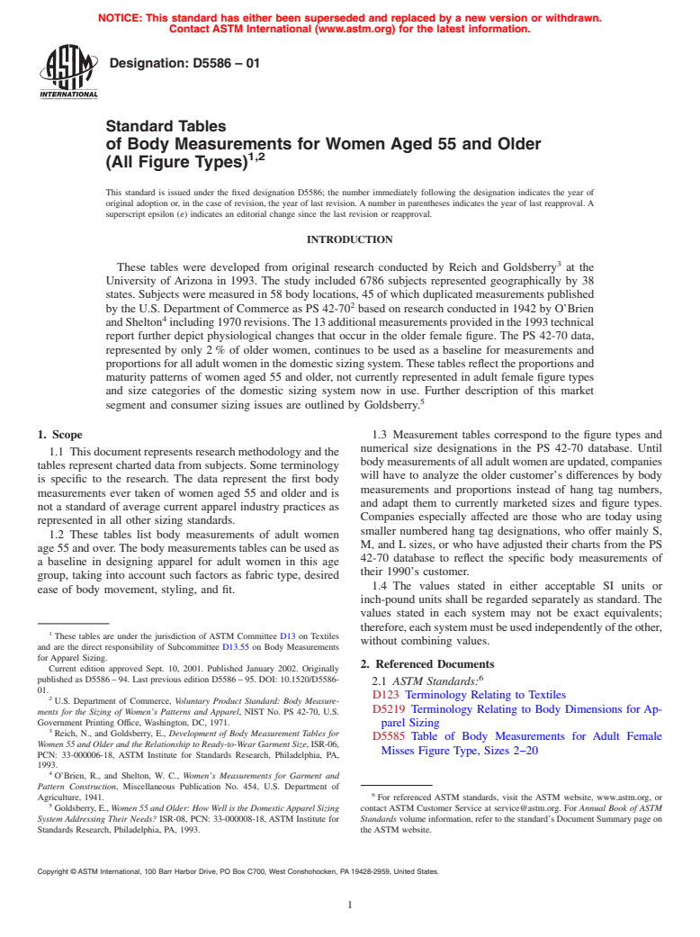 ASTM D5586-01 - Standard Tables of Body Measurements for Women Aged 55 and Older (All Figure Types) (Withdrawn 2010)