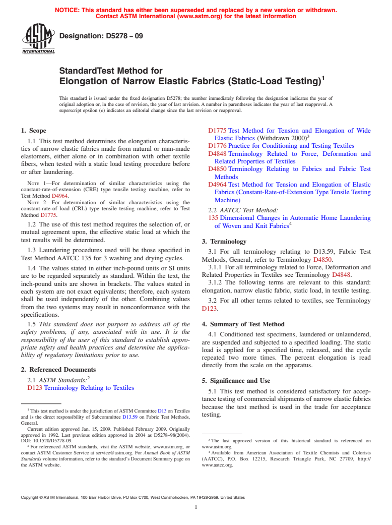 ASTM D5278-09 - Standard Test Method for Elongation of Narrow Elastic Fabrics (Static-Load Testing)