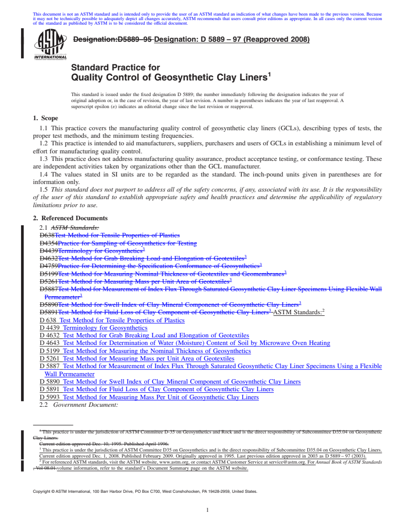 REDLINE ASTM D5889-97(2008) - Standard Practice for Quality Control of Geosynthetic Clay Liners