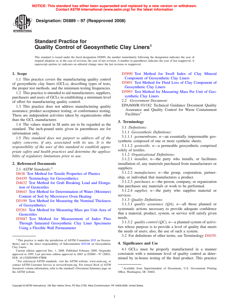 ASTM D5889-97(2008) - Standard Practice for Quality Control of Geosynthetic Clay Liners