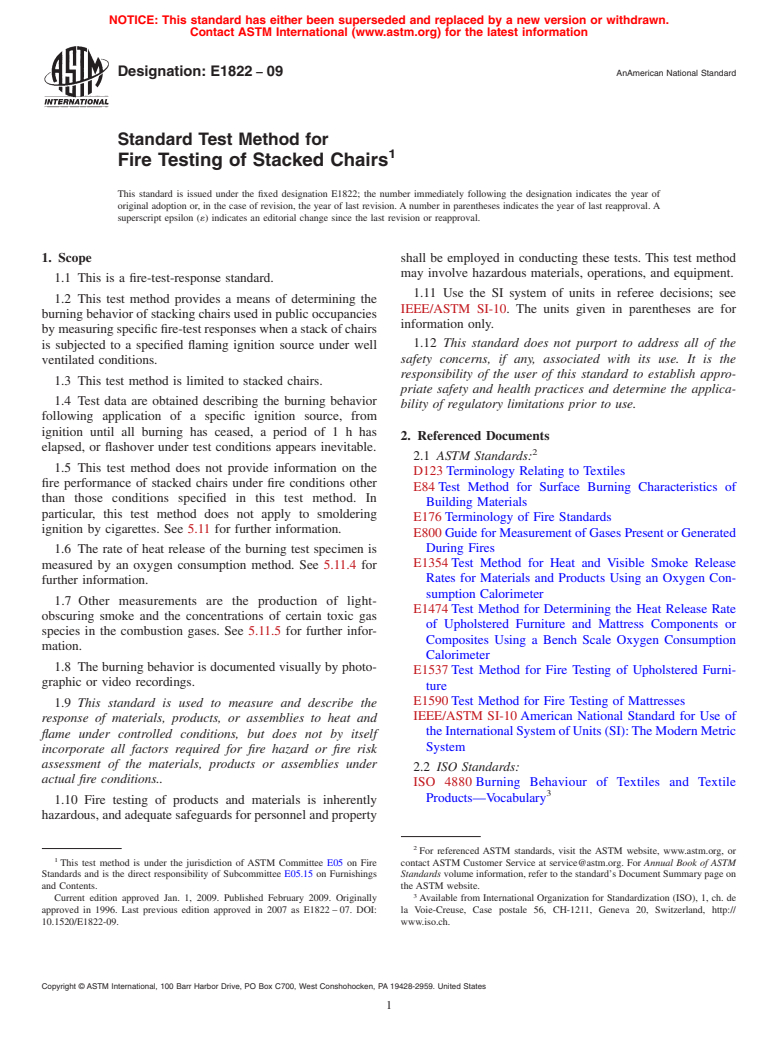 ASTM E1822-09 - Standard Test Method for Fire Testing of Stacked Chairs