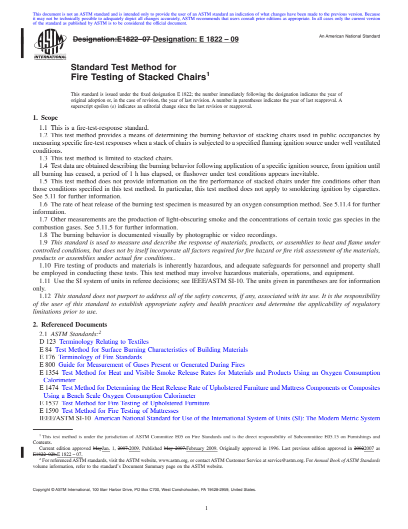 REDLINE ASTM E1822-09 - Standard Test Method for Fire Testing of Stacked Chairs