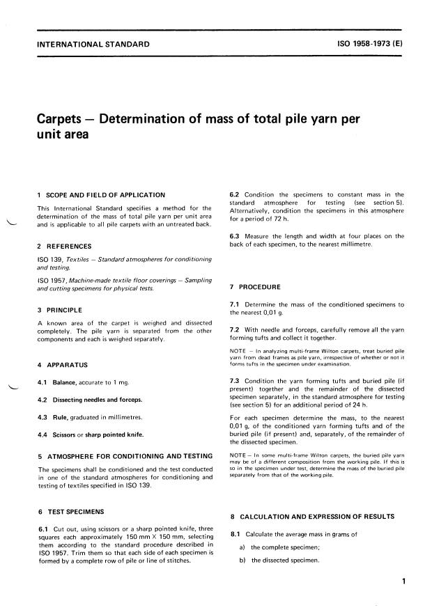 ISO 1958:1973 - Textile floor coverings -- Determination of mass of total pile yarn per unit area