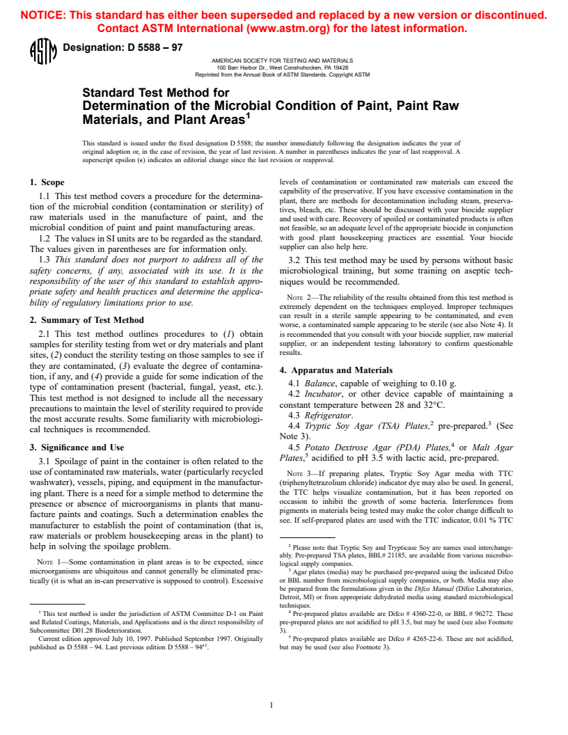 ASTM D5588-97 - Standard Test Method for Determination of the Microbial Condition of Paint, Paint Raw Materials, and Plant Areas