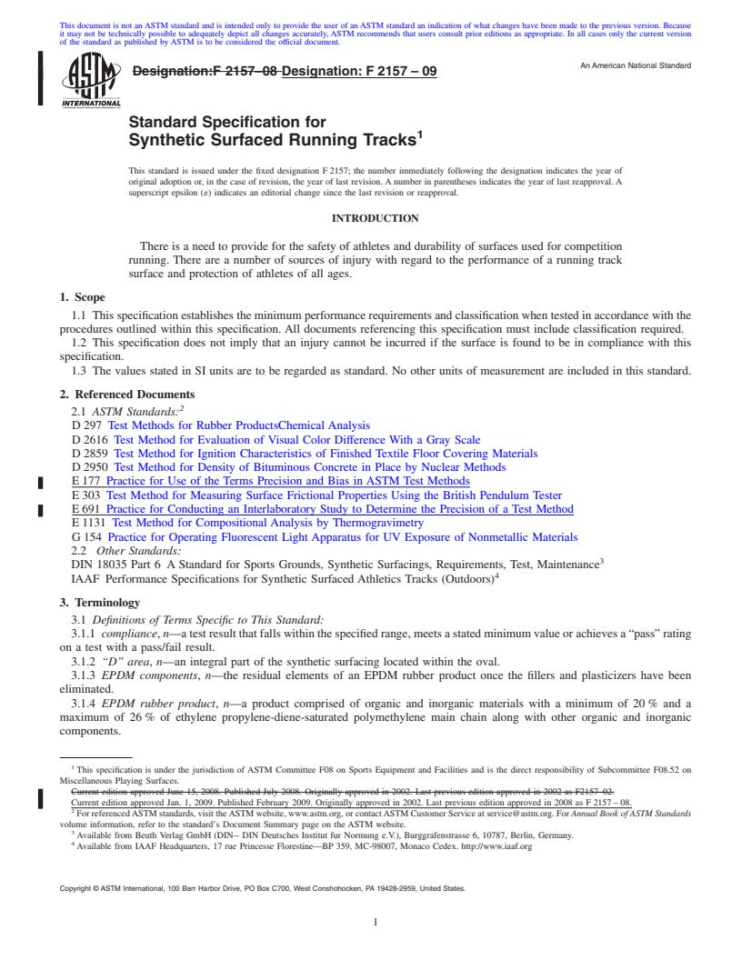 REDLINE ASTM F2157-09 - Standard Specification for Synthetic Surfaced Running Tracks