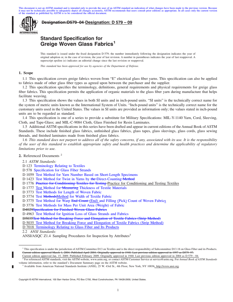 REDLINE ASTM D579-09 - Standard Specification for Greige Woven Glass Fabrics