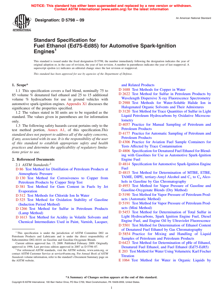 ASTM D5798-09 - Standard Specification for Fuel Ethanol (Ed75-Ed85) for Automotive Spark-Ignition Engines