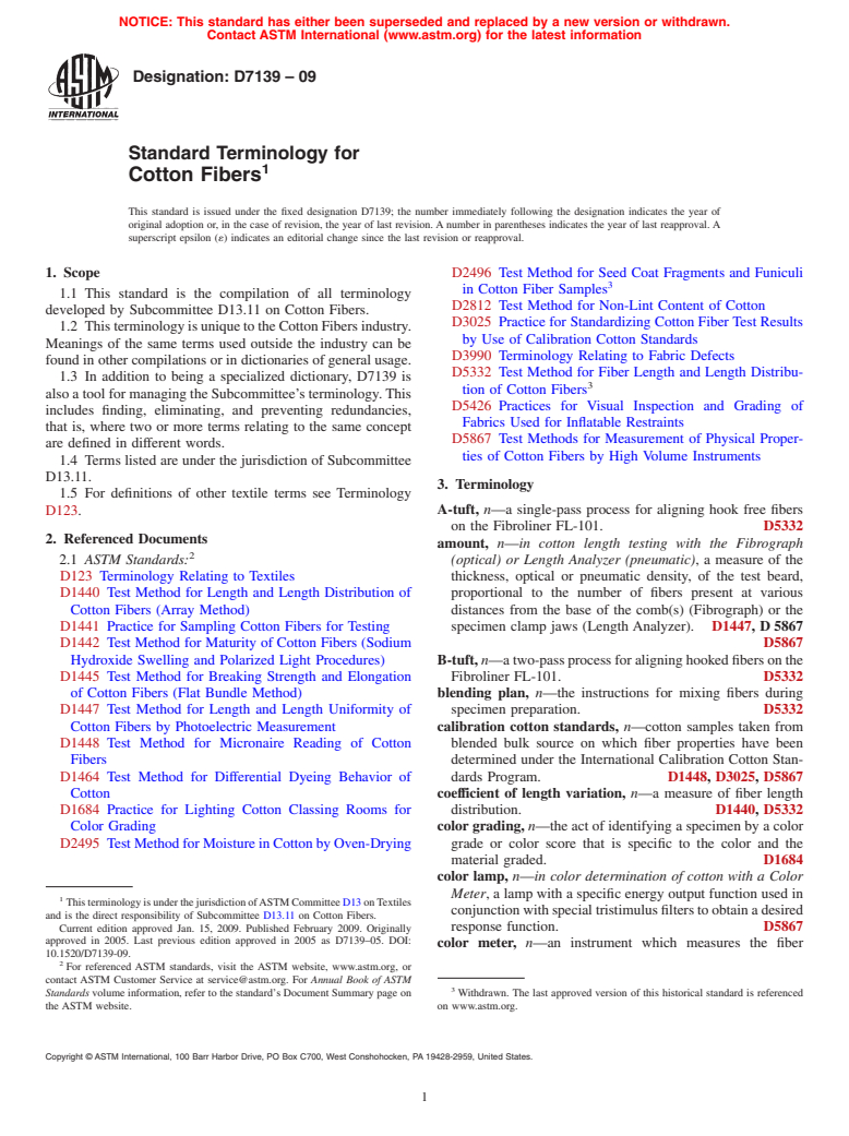 ASTM D7139-09 - Standard Terminology for Cotton Fibers