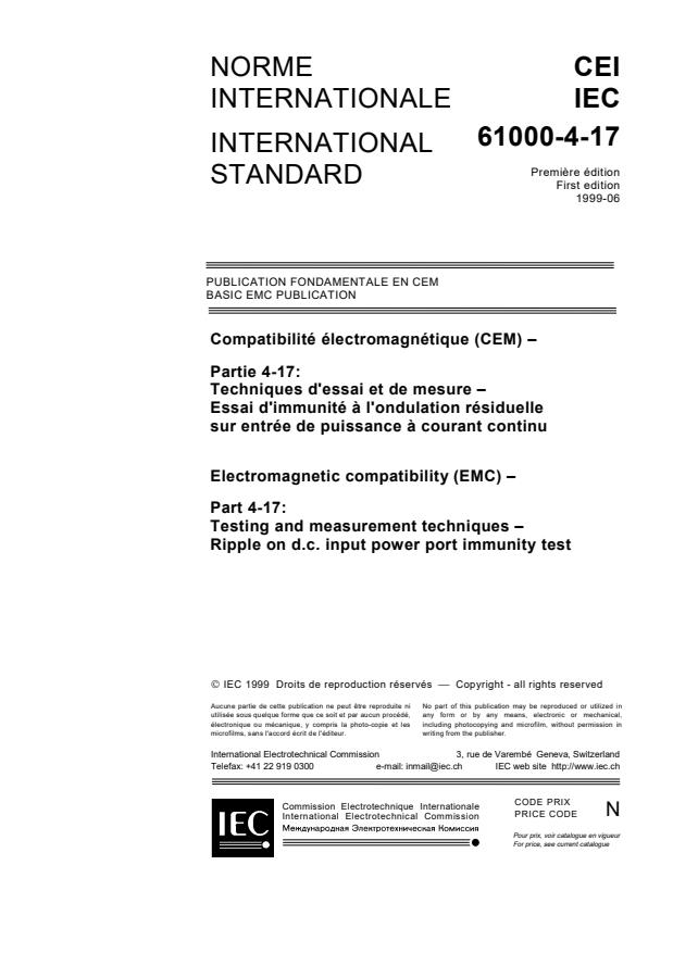 IEC 61000-4-17:1999 - Electromagnetic compatibility (EMC) - Part 4-17: Testing and measurement techniques - Ripple on d.c. input power port immunity test