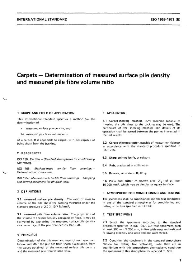 ISO 1959:1973 - Textile floor coverings -- Determination of measured surface pile density and measured pile fibre volume ratio