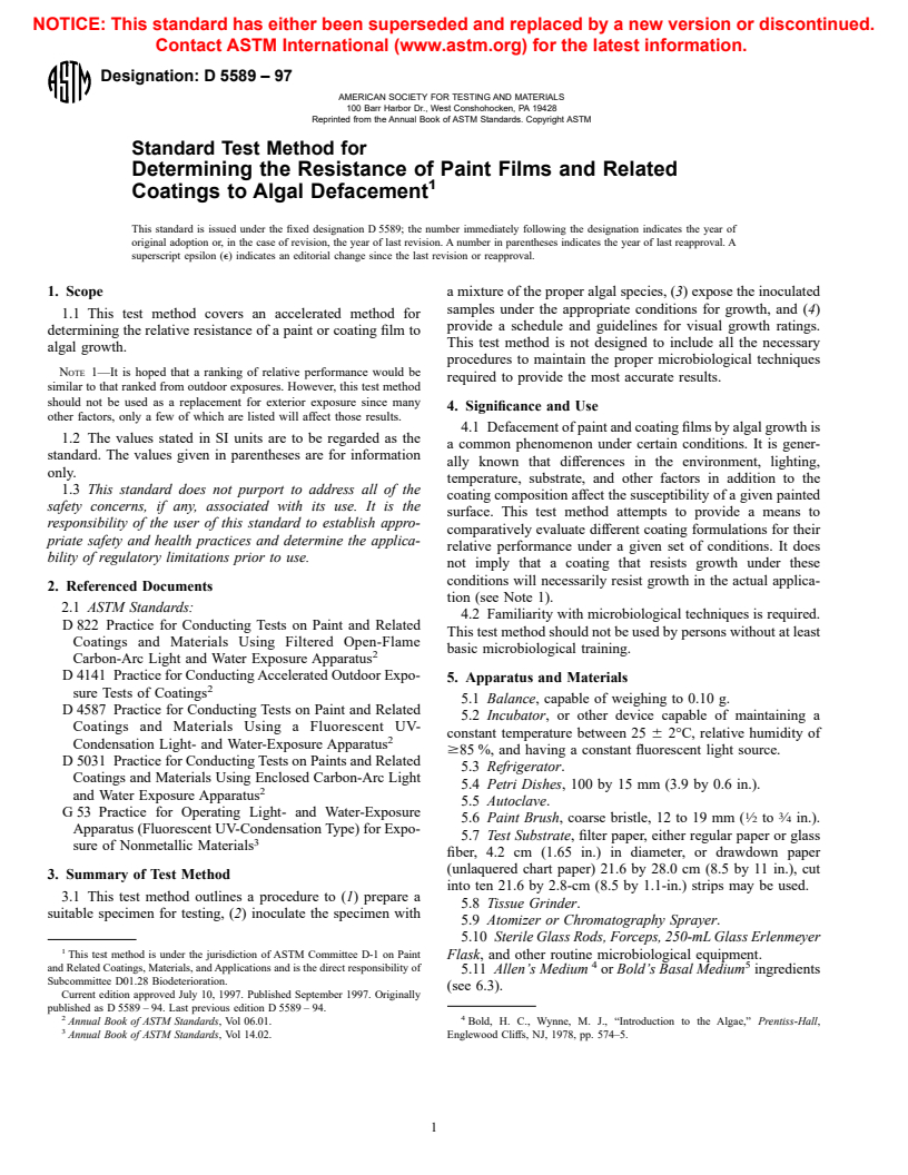 ASTM D5589-97 - Standard Test Method for Determining the Resistance of Paint Films and Related Coatings to Algal Defacement