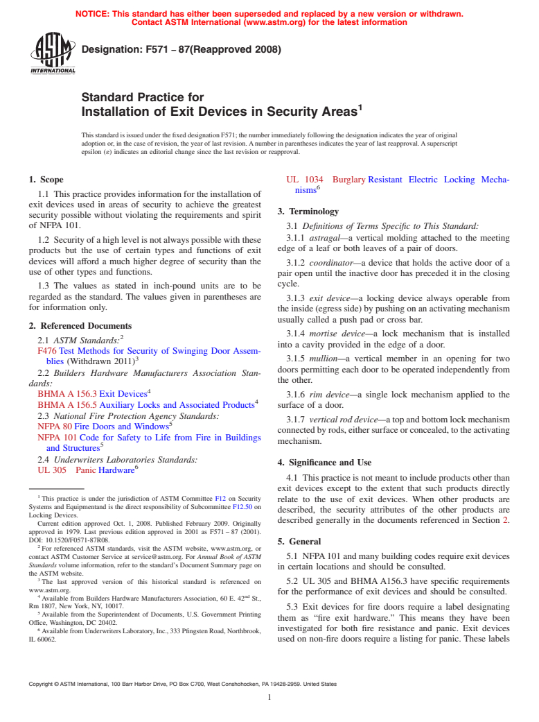 ASTM F571-87(2008) - Standard Practice for Installation of Exit Devices in Security Areas