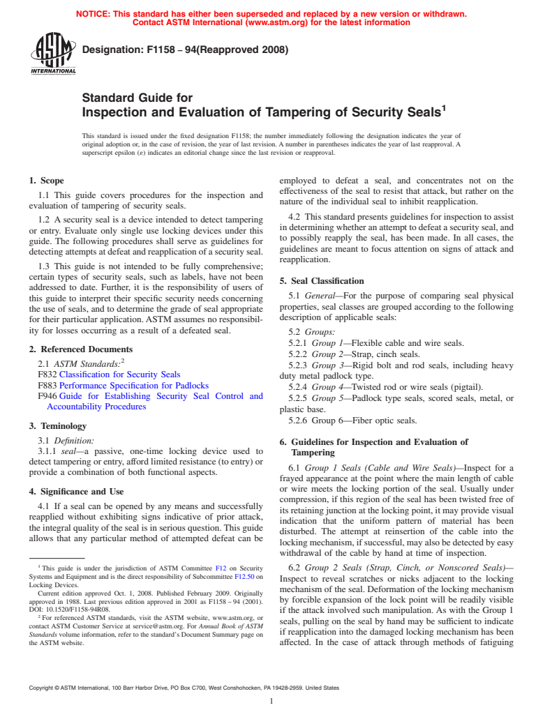 ASTM F1158-94(2008) - Standard Guide for Inspection and Evaluation of Tampering of Security Seals