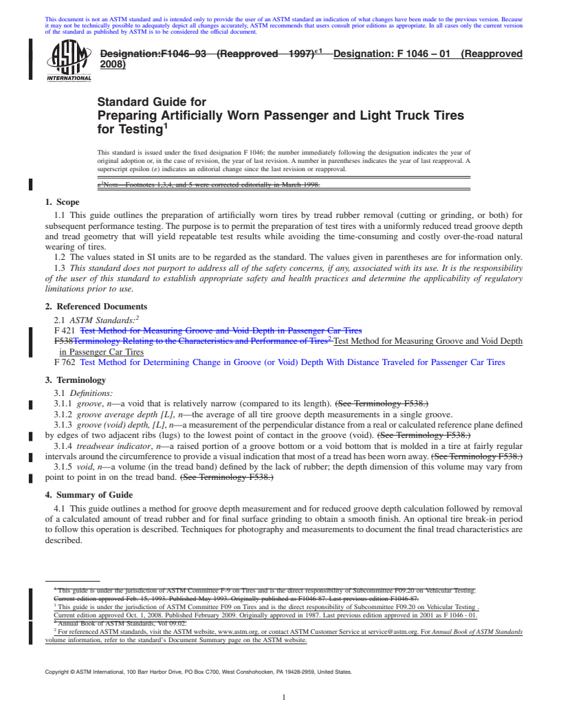 REDLINE ASTM F1046-01(2008) - Standard Guide for Preparing Artificially Worn Passenger and Light Truck Tires for Testing