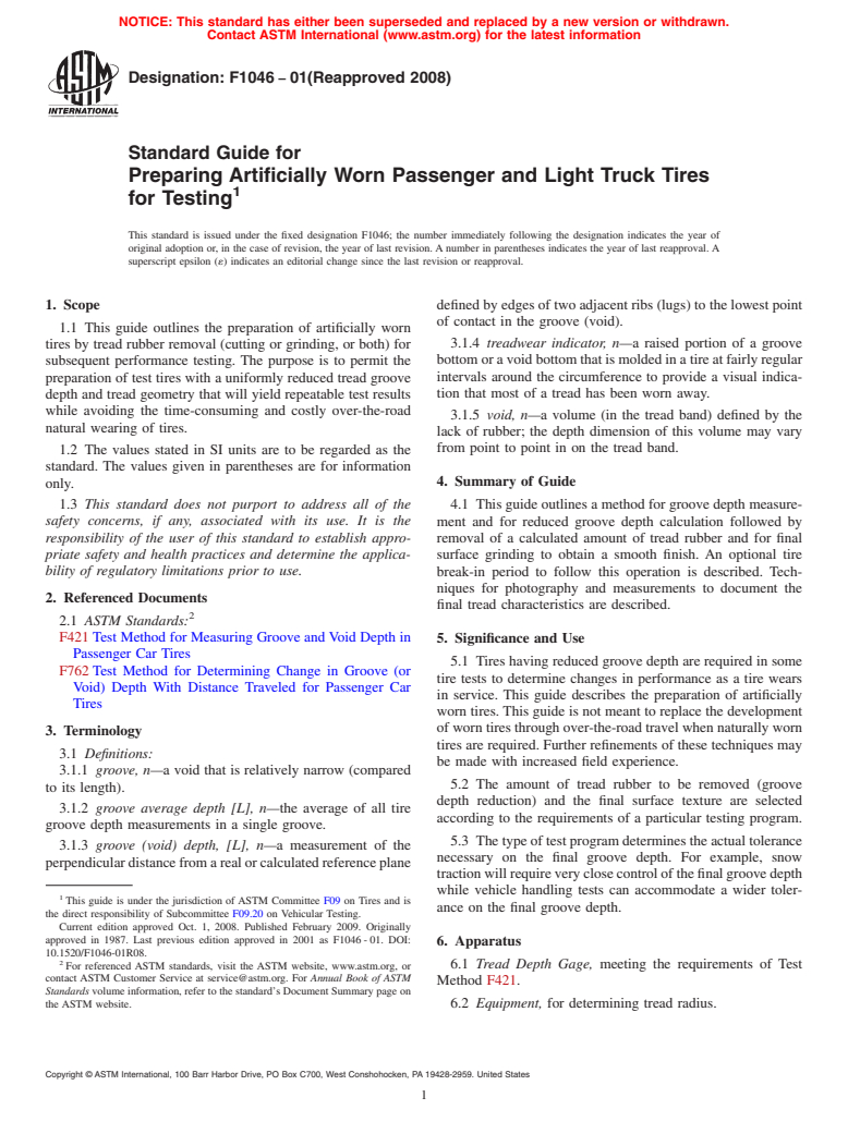 ASTM F1046-01(2008) - Standard Guide for Preparing Artificially Worn Passenger and Light Truck Tires for Testing