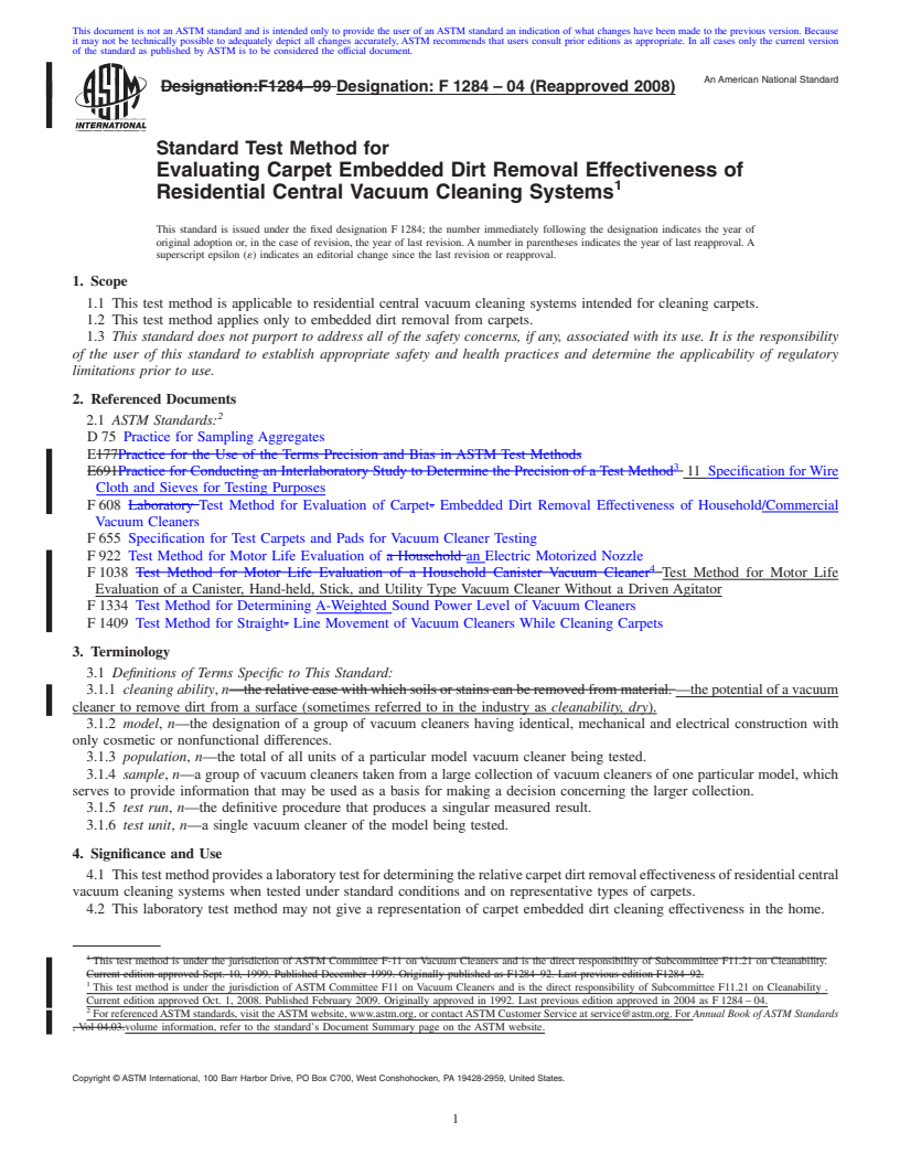 REDLINE ASTM F1284-04(2008) - Standard Test Method for Evaluating Carpet Embedded Dirt Removal Effectiveness of Residential Central Vacuum Cleaning Systems