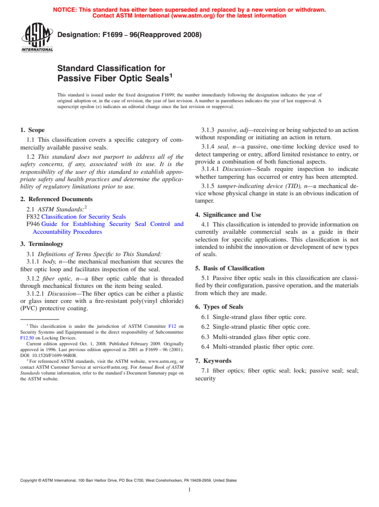 ASTM F1699-96(2008) - Standard Classification for Passive Fiber Optic Seals