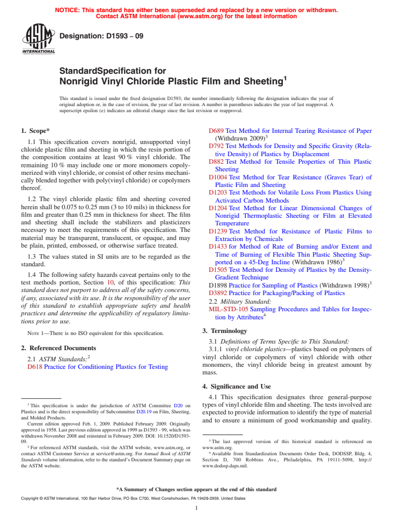 ASTM D1593-09 - Standard Specification for Nonrigid Vinyl Chloride Plastic Film and Sheeting