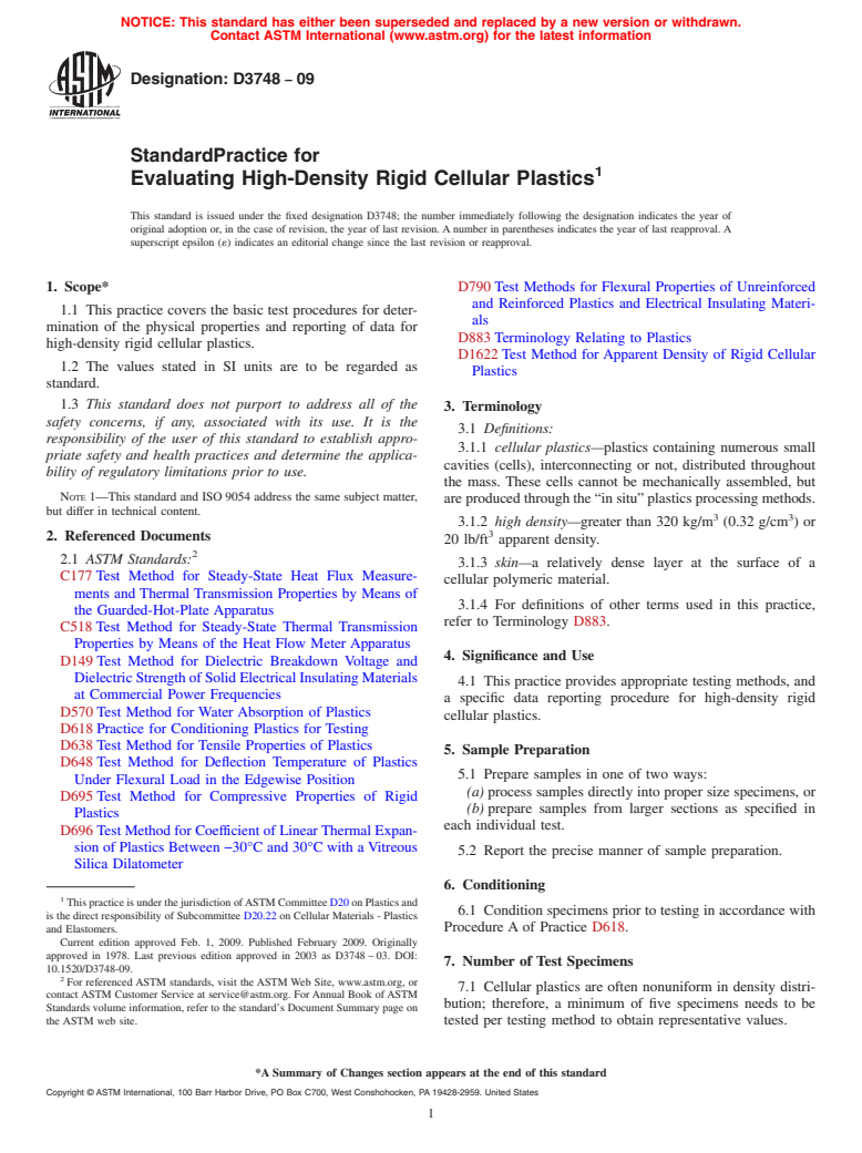 ASTM D3748-09 - Standard Practice for Evaluating High-Density Rigid Cellular Plastics