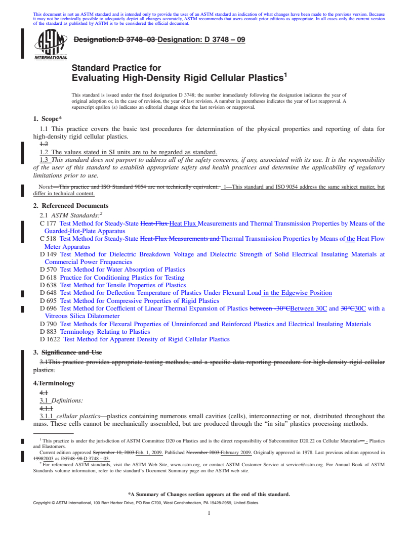 REDLINE ASTM D3748-09 - Standard Practice for Evaluating High-Density Rigid Cellular Plastics