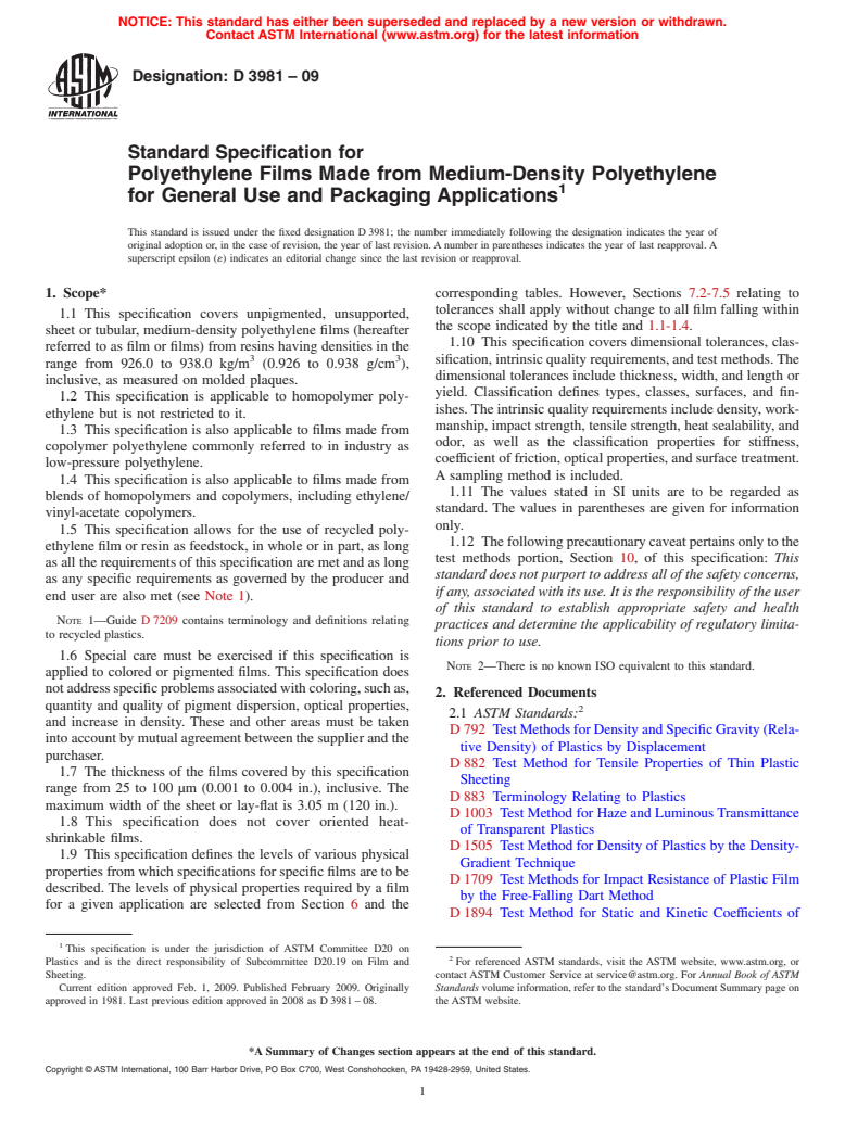 ASTM D3981-09 - Standard Specification for Polyethylene Films Made from Medium-Density Polyethylene for General Use and Packaging Applications