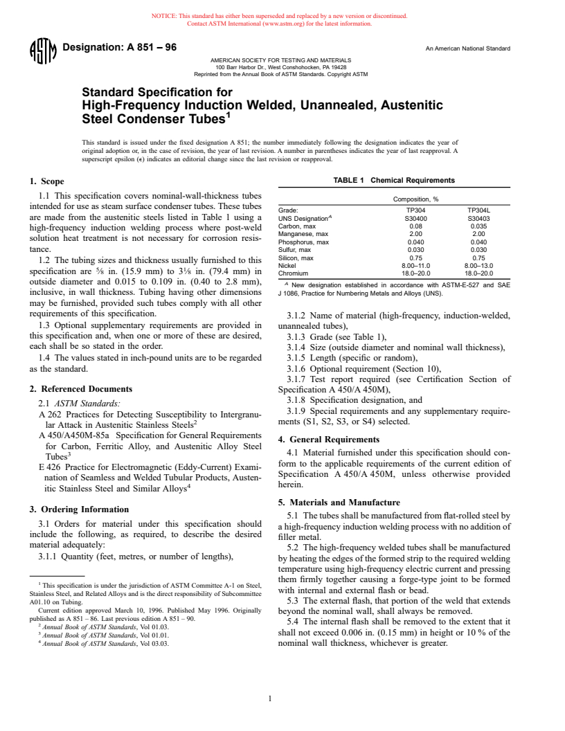 ASTM A851-96 - Standard Specification for High-Frequency Induction Welded, Unannealed, Austenitic Steel Condenser Tubes (Withdrawn 2002)