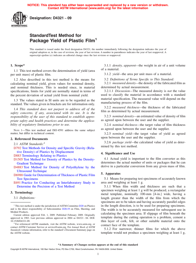 ASTM D4321-09 - Standard Test Method for Package Yield of Plastic Film