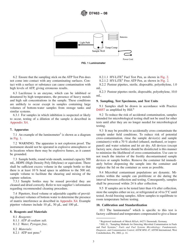 ASTM D7463-08 - Standard Test Method for Adenosine Triphosphate (ATP) Content of Microorganisms in Fuel, Fuel/Water Mixtures and Fuel Associated Water