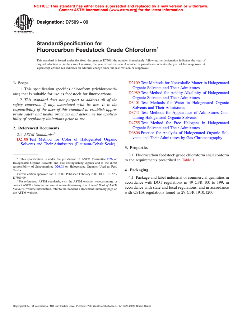 ASTM D7509-09 - Standard Specification For Fluorocarbon Feedstock Grade ...