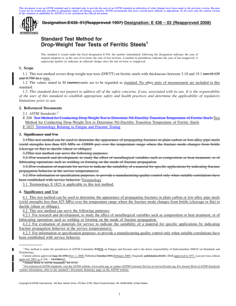 REDLINE ASTM E436-03(2008) - Standard Test Method for Drop-Weight Tear Tests of Ferritic Steels