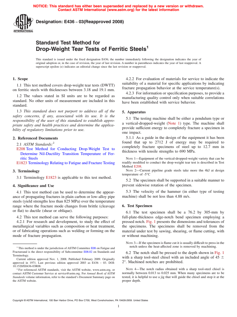 ASTM E436-03(2008) - Standard Test Method for Drop-Weight Tear Tests of Ferritic Steels