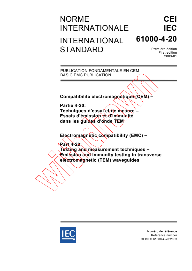 IEC 61000-4-20:2003 - Electromagnetic compatibility (EMC) - Part 4-20: Testing and measurement techniques - Emission and immunity testing in transverse electromagnetic (TEM) waveguides
Released:1/29/2003
Isbn:2831868335
