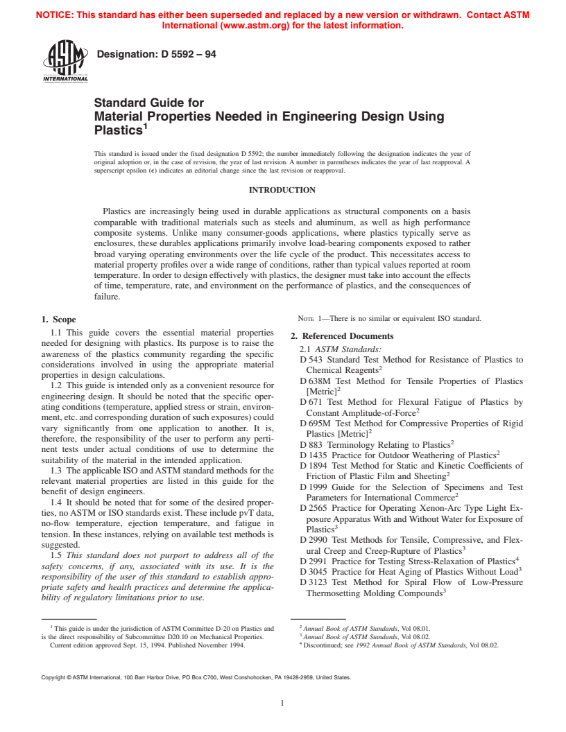 ASTM D5592-94 - Standard Guide for Material Properties Needed in Engineering Design Using Plastics