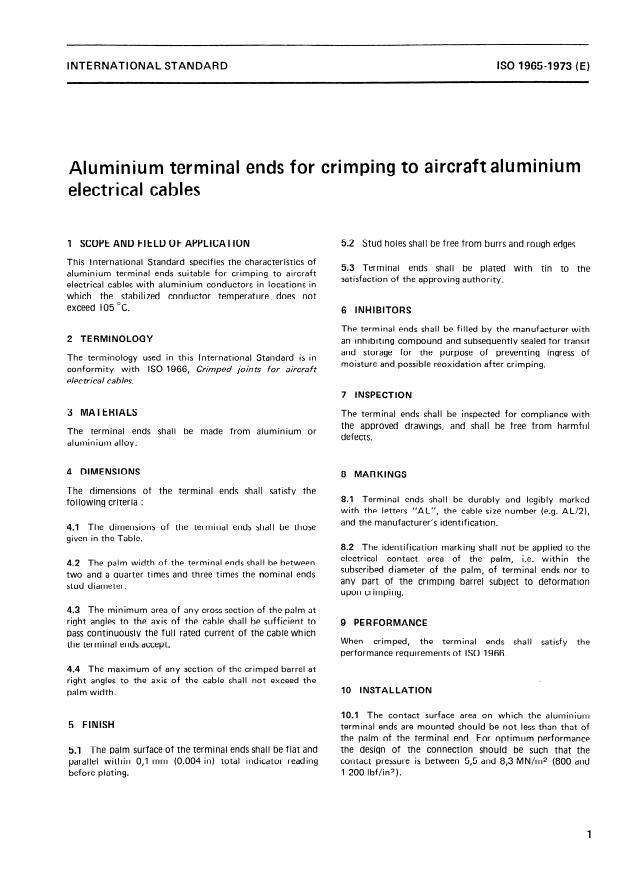 ISO 1965:1973 - Aluminium terminal ends for crimping to aircraft aluminium electrical cables