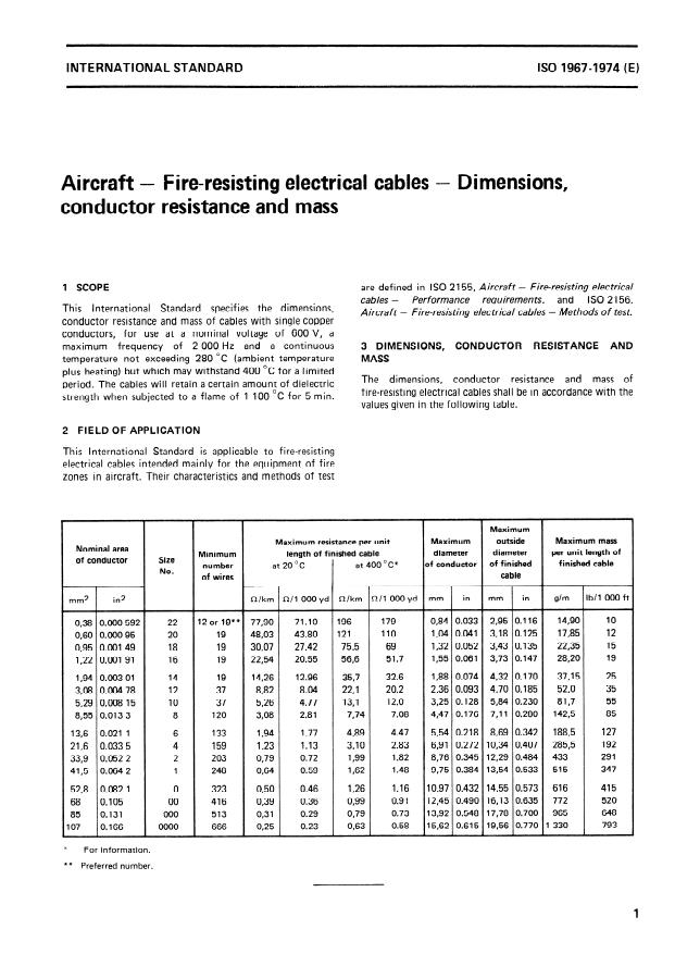 ISO 1967:1974 - Aircraft -- Fire-resisting electrical cables -- Dimensions, conductor resistance and mass