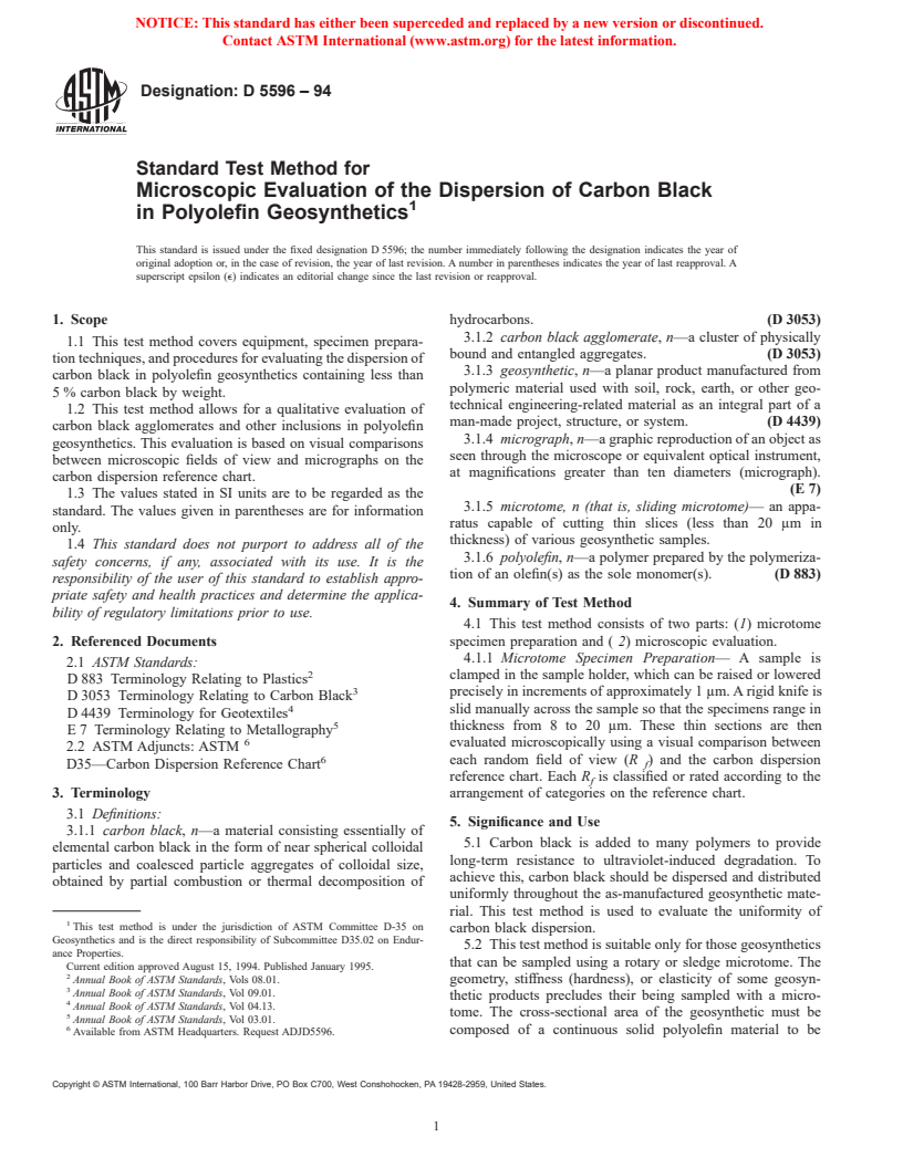 ASTM D5596-94 - Standard Test Method for Microscopic Evaluation of the Dispersion of Carbon Black in Polyolefin Geosynthetics