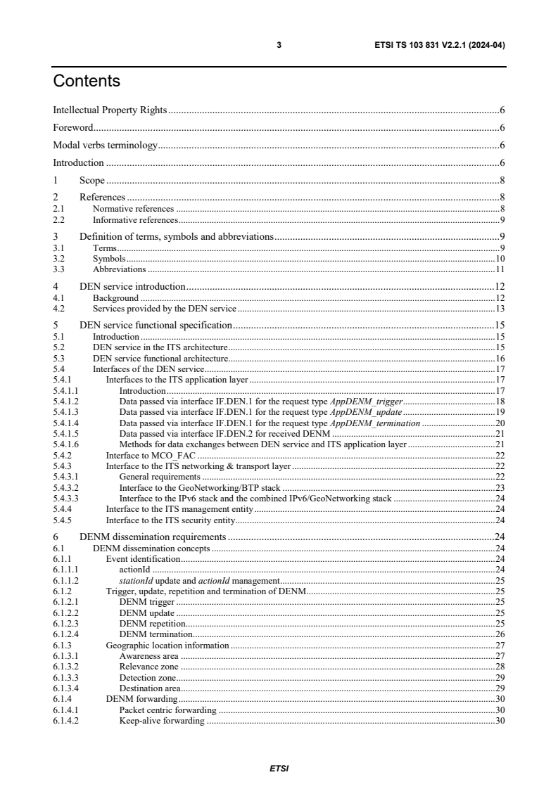 ETSI TS 103 831 V2.2.1 (2024-04) ETSI TS 103 831 V2.2.1 (2024-04) - Intelligent Transport Systems (ITS); Vehicular Communications; Basic Set of Applications; Decentralized Environmental Notification Service; Release 2