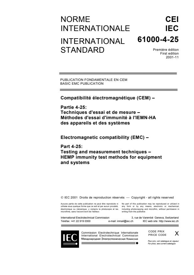 IEC 61000-4-25:2001 - Electromagnetic compatibility (EMC) - Part 4-25: Testing and measurement techniques - HEMP immunity test methods for equipment and systems