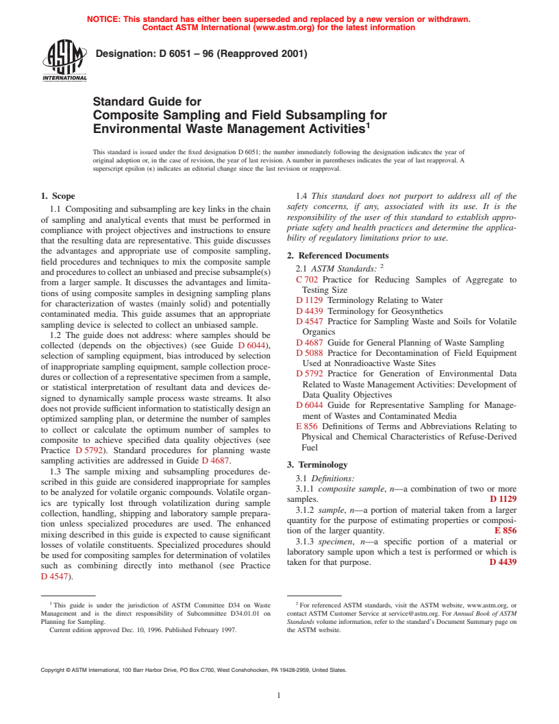 ASTM D6051-96(2001) - Standard Guide for Composite Sampling and Field Subsampling for Environmental Waste Management Activities